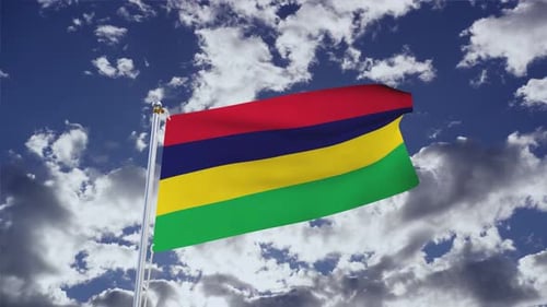 Mauritius Flag Waving in Blue Sky with Clouds