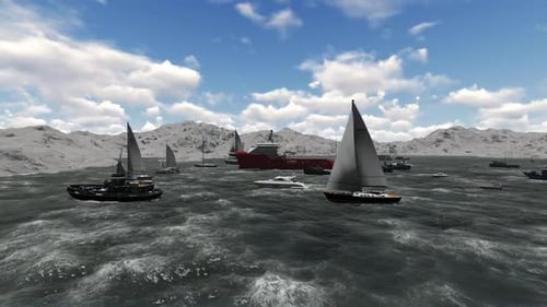 3D Animated Ships and Sailboats Navigating Rough Mountainous Waters
