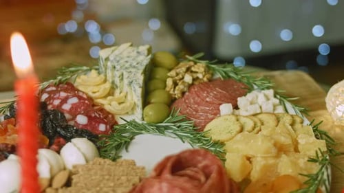 Flat Charcuterie with Salami Different Kinds of Cheese