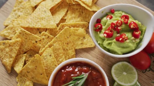 Primer plano de nachos y salsas en una bandeja de madera sobre una superficie negra