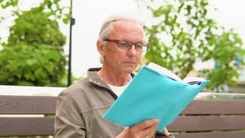An Elderly Man with Glasses Reading a Book on a Park Bench