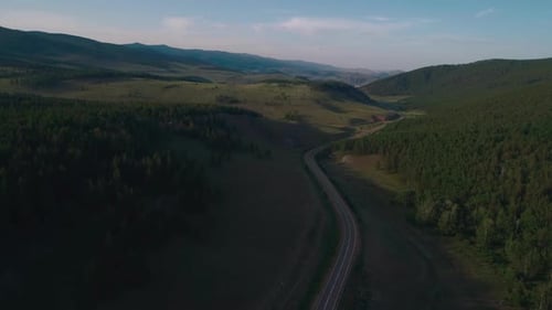 AERIAL, TOP DOWN: Dark Colored Car Driving Down an Asphalt Road Crossing the Vast Forest on a Sunny