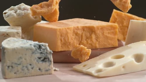 Variety of cheese in super slow motion. Shot on Phantom Flex 4K high speed camera.