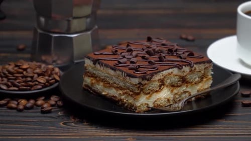 Close Up of Tiramisu Cake with Coffee