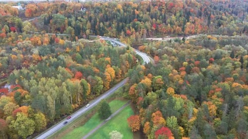 Aerial View of the Sigulda Bridge and Cable Car Over Gauja River During Golden Autumn in Latvia. 4K