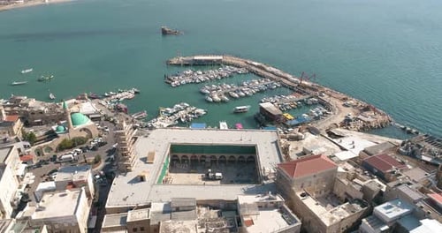 Aerial top down view of Acre old town, Old City of Acre, Israel.
