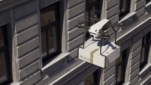 Modern Delivery Drone Flying with Package in City