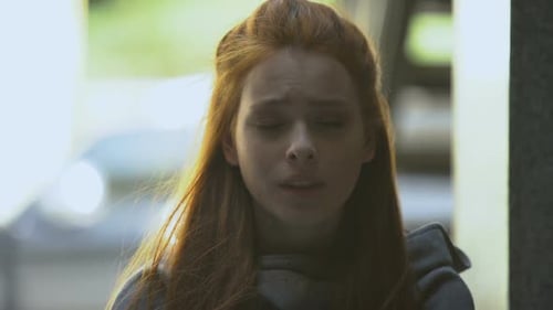 Lonely Young Female Deeply Crying Outdoor, Sadly Looking Into Camera, Problems