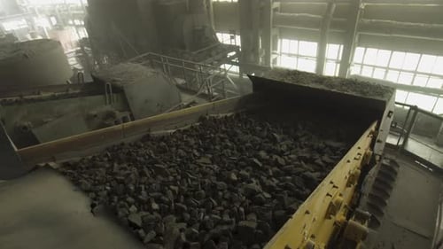 On Sorting Line of Rubble Granite Stones Bounce Up and Roll Down Industrial Extracting Rock Minerals