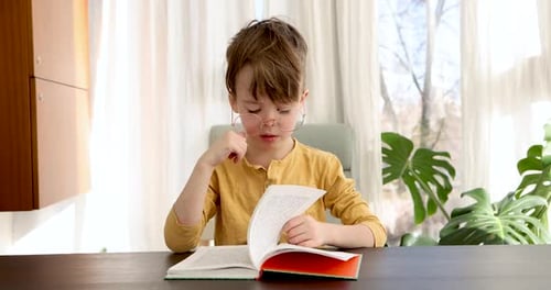 Kleiner Junge mit Brille liest Buch am Schreibtisch im Zimmer