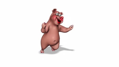 Happy Cartoon Pig Dancing on White Background