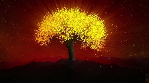Golden Glowing Tree With Falling Leaves On A Starry Background