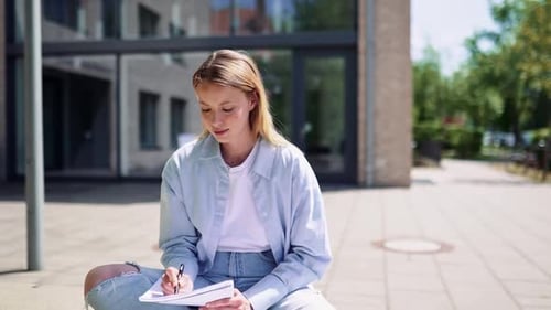 Happy Girl University Studentin schreibt im Notizbuch und studiert im Freien