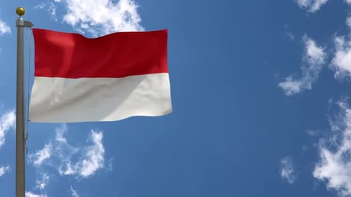 Realistic Red and White Flag Waving in Blue Cloudy Sky