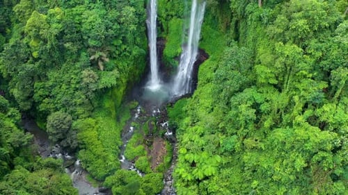 Sekumpul waterfall, Bali, Indonesia. Aerial view on the waterfall. Landscape from air