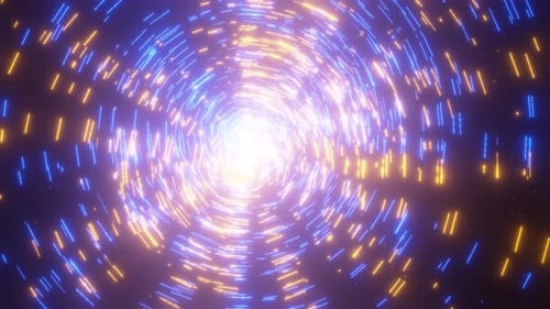 Abstraktion von elektrischem Licht in Form von blau-orangefarbenen Partikeln, die sich entladen