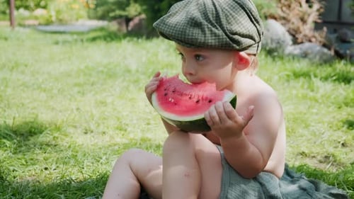 Toddler Eating Watermelon in the Grassy Yard