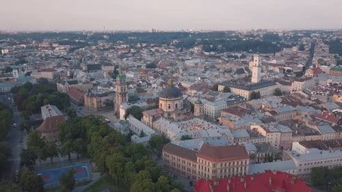 Aerial City Lviv, Ukraine. European City. Popular Areas of the City. Town Hall