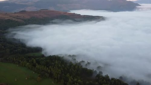 Mountain Forest Covered In Clouds Aerial View
