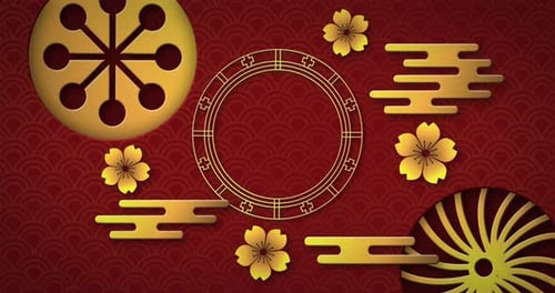 Animation of decorative yellow shapes moving and yellow flowers spinning on red background