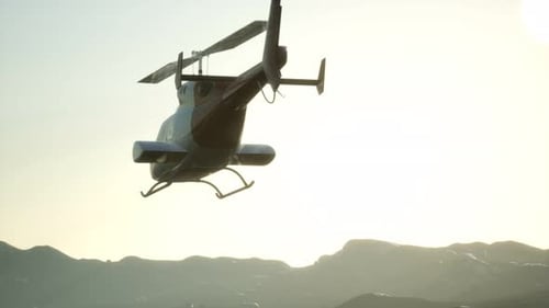 3D Rendered Helicopter Flying Over Mountains at Sunset
