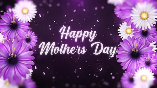 Happy Mothers Day Card with Blooming Flowers and Glowing Particles