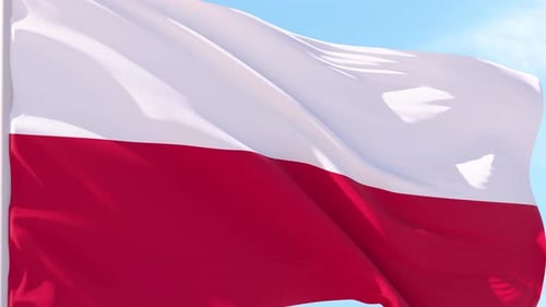 Realistic Poland Flag Waving Against Bright Blue Sky Background