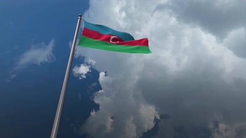 Realistic Azerbaijan Flag Waving Against Cloudy Sky