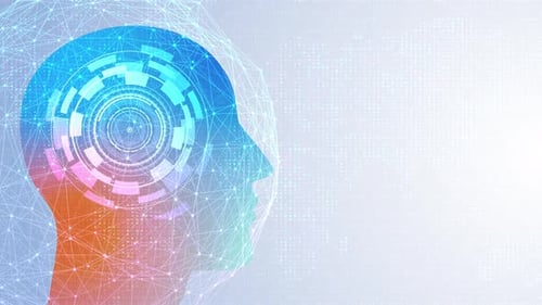 Zukünftige KI-Technologie, maschinelles Lernen, Face-Outline-Leiterplatte und binärer Datenfluss