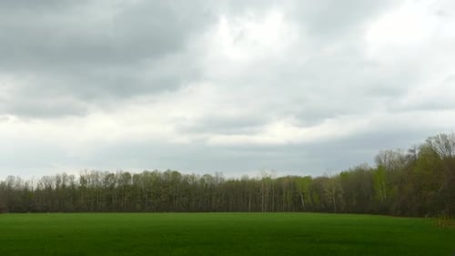 Ländliche Landschaft und Wald-Zeitraffer unter wolkenverhangenem stürmischem Himmel.