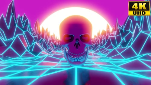 Retro Synthwave Skull Landscape with Neon Grid