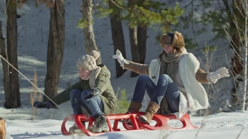 Happy Family with Sled Having Fun