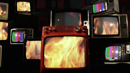 Vintage Televisions Displaying Static and Flames