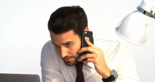 Businessman working at his desk and talking on mobile phone