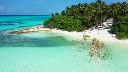 Paradise tropical island with palm trees forest, white sand of exotic beach washed by clear turquois