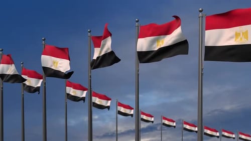 Egyptian Flags Waving on Poles Against Blue Sky