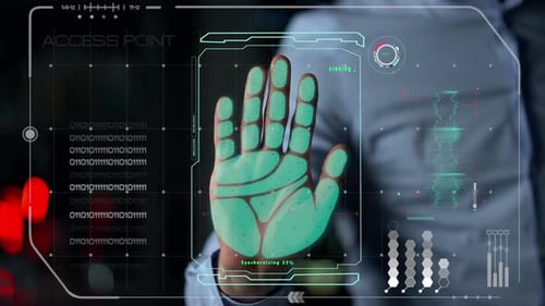 Hand Scanning Futuristic Graphic Interface at Night