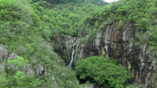 La cámara está volando sobre la cascada en el bosque tropical