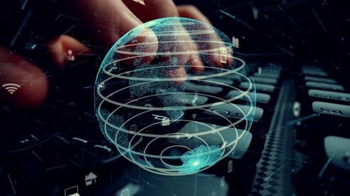 Typing On Keyboard With Digital Globe Overlay