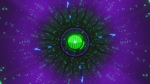 Rotating particles and flashing light on red background, loop