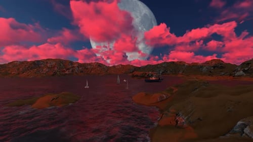 Panorama of full moon and red clouds at night