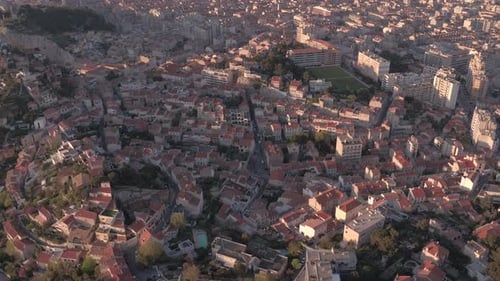 Aerial view of building rooftops in a city