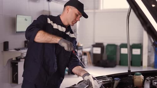 Car Mechanic Checking Oil Level of Car Engine in Workshop