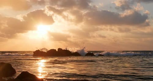 Sea Waves In Slow Motion During Beautiful Sunset