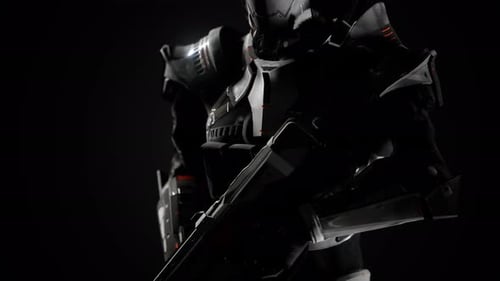 Soldat futuriste en armure d'acier avec le pistolet Cyber Punk