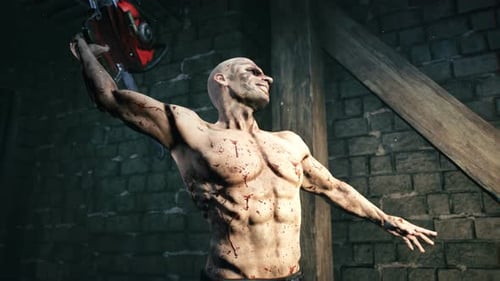 Animated 3D Horror Killer with Chainsaw in Gritty Dungeon