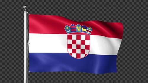 Waving Croatia Flag On Pole With Realistic Fabric Motion