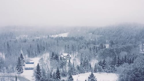 Foggy Winter Landscape - Drone Flying 4K - Mountains - Trees, rivers, snowy - Cinematic bridge