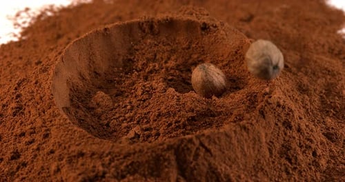 Nutmegs Dropping Into Pile of Brown Powder