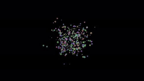 Caméra plongeant dans des bulles colorées flottant dans l'air sur fond noir. Animation CG.